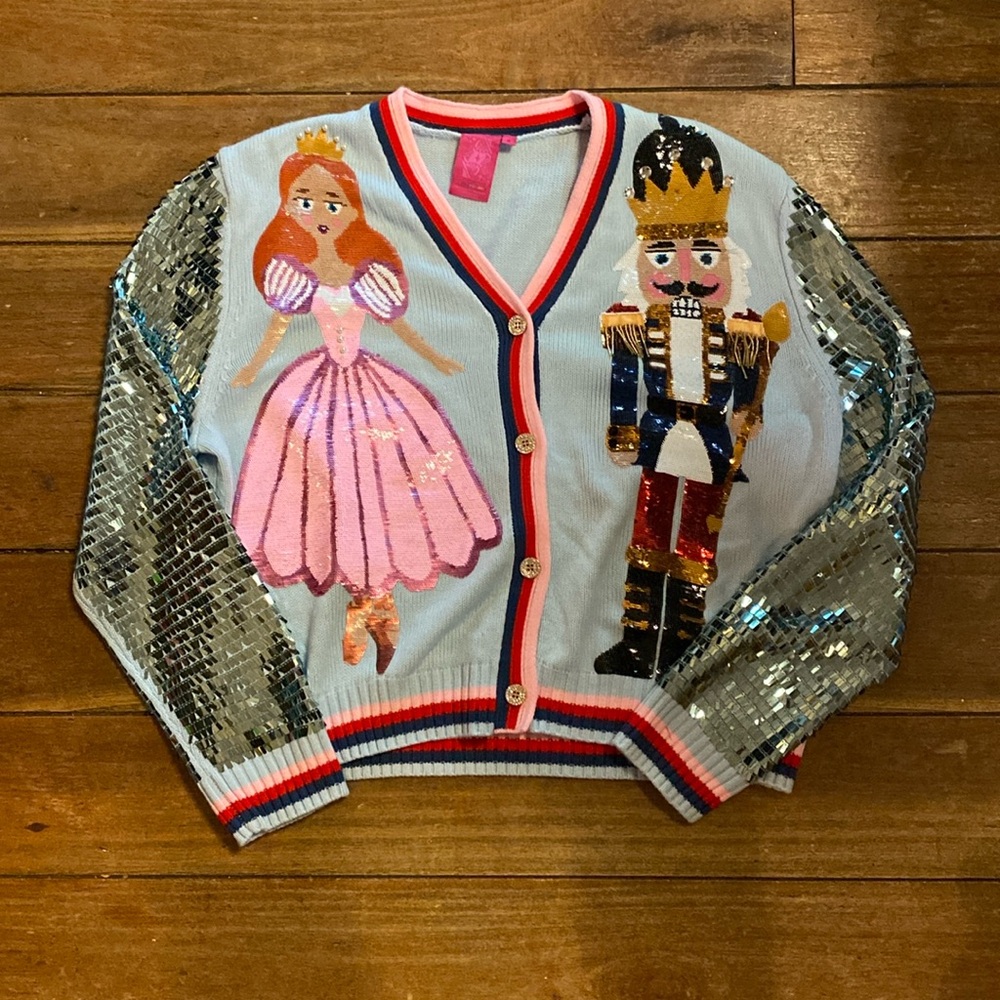 QUEEN OF SPARKLES Blue and Pink Cardigan with Nutcracker Design